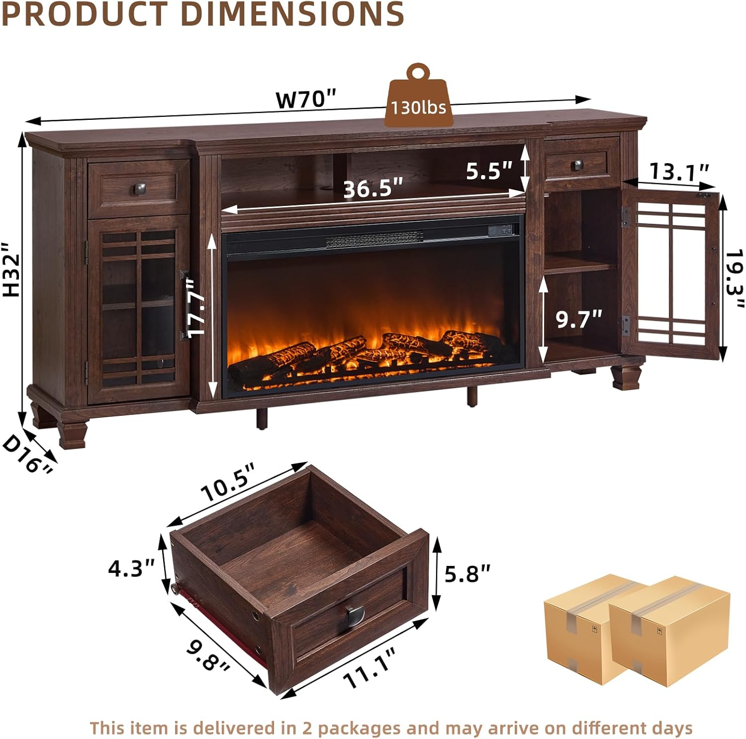 70 Fireplace TV Stand with 36”Silent Electric Fireplace, Farmhouse Entertainment Center for TVs up to 80, 2 Drawers TV Console with Glass Door Cabinet, Walnut TVs Cabinet for Living Room