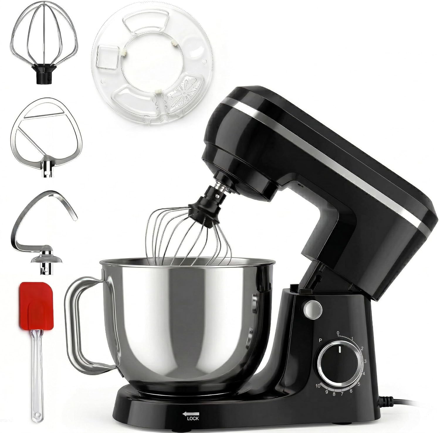 Electric Stand Mixer with 6.5QT Bowl with Handle, Kitchen Mixer with Tilting Head for Bread Dough and Cake with Dough Hook, Whisk, Splash Guard and Egg Separator (Black)