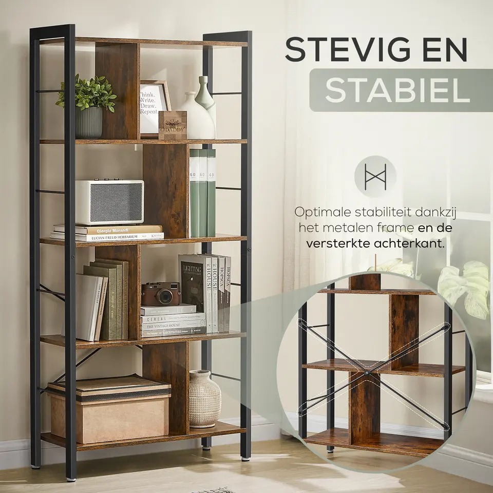 O'DADDY Industrieel Boekenkast - 74x30x150cm - Vintage Bruin/Zwart Metaal