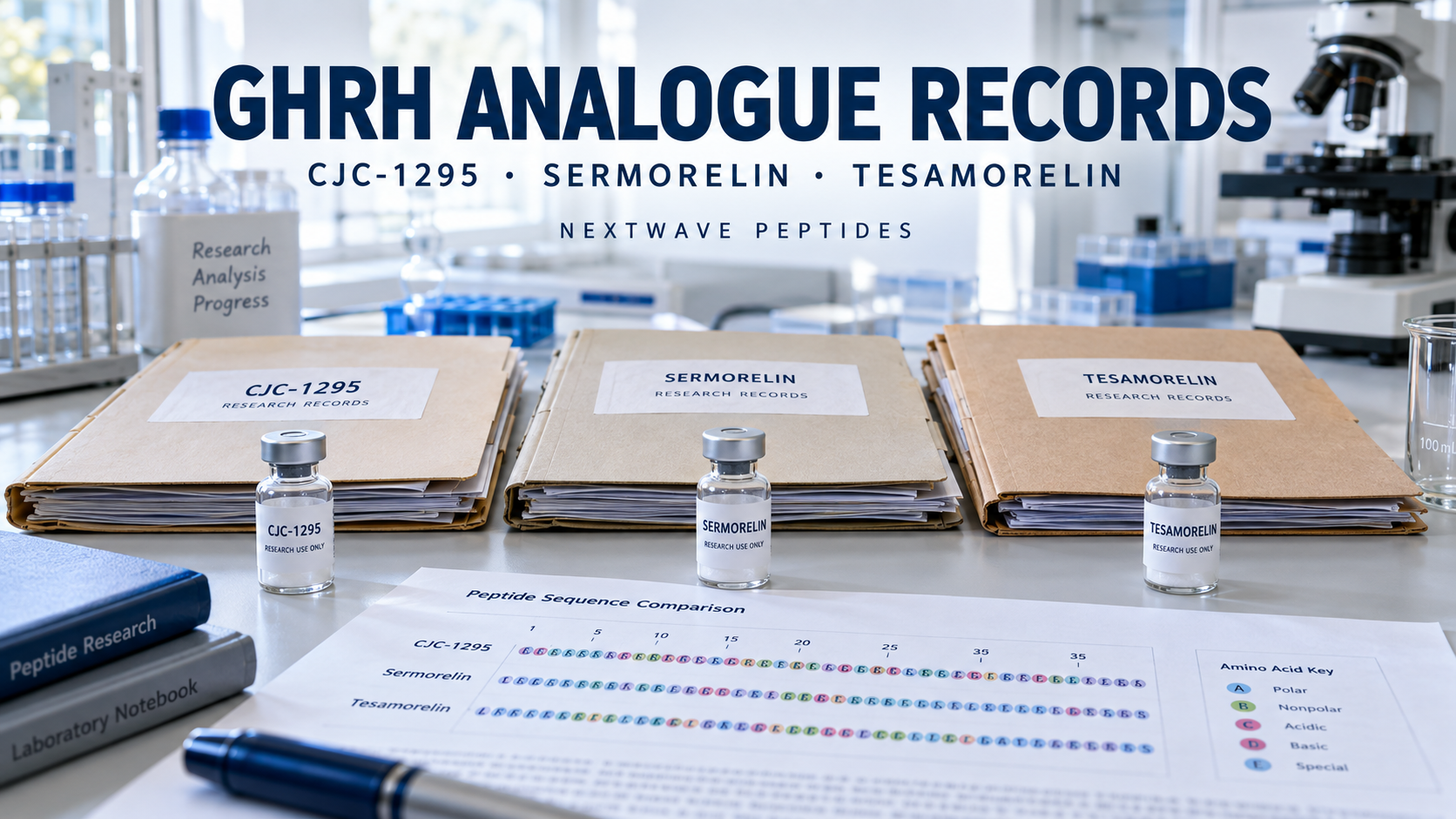 NextWave Peptides laboratory editorial cover for CJC-1295, Sermorelin, and Tesamorelin: How GHRH Analog Records Differ.