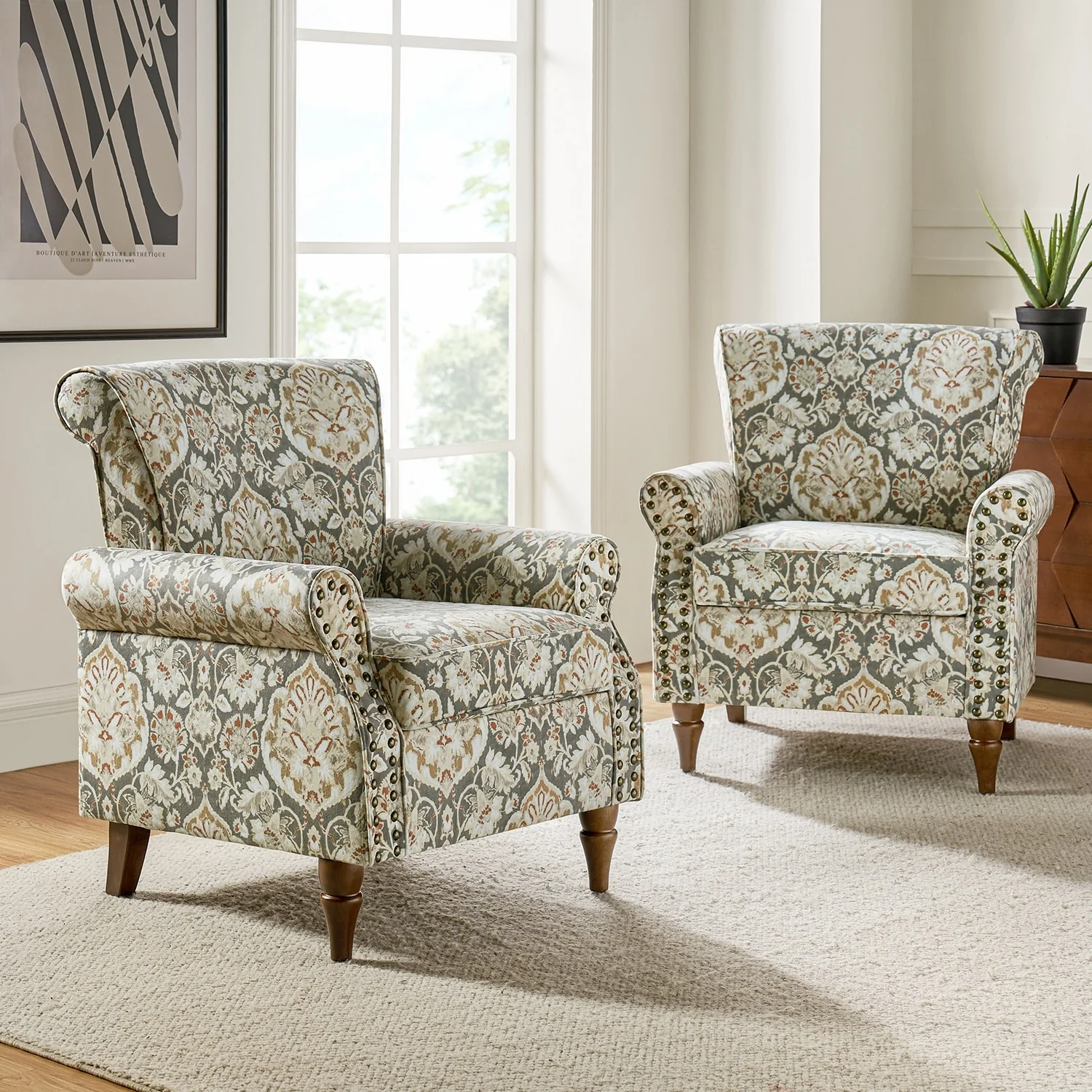 Nyctelius Traditional Polyester Accent Arm Chair with Pattern and Nailhead Trim Set of 2 by HULALA HOME