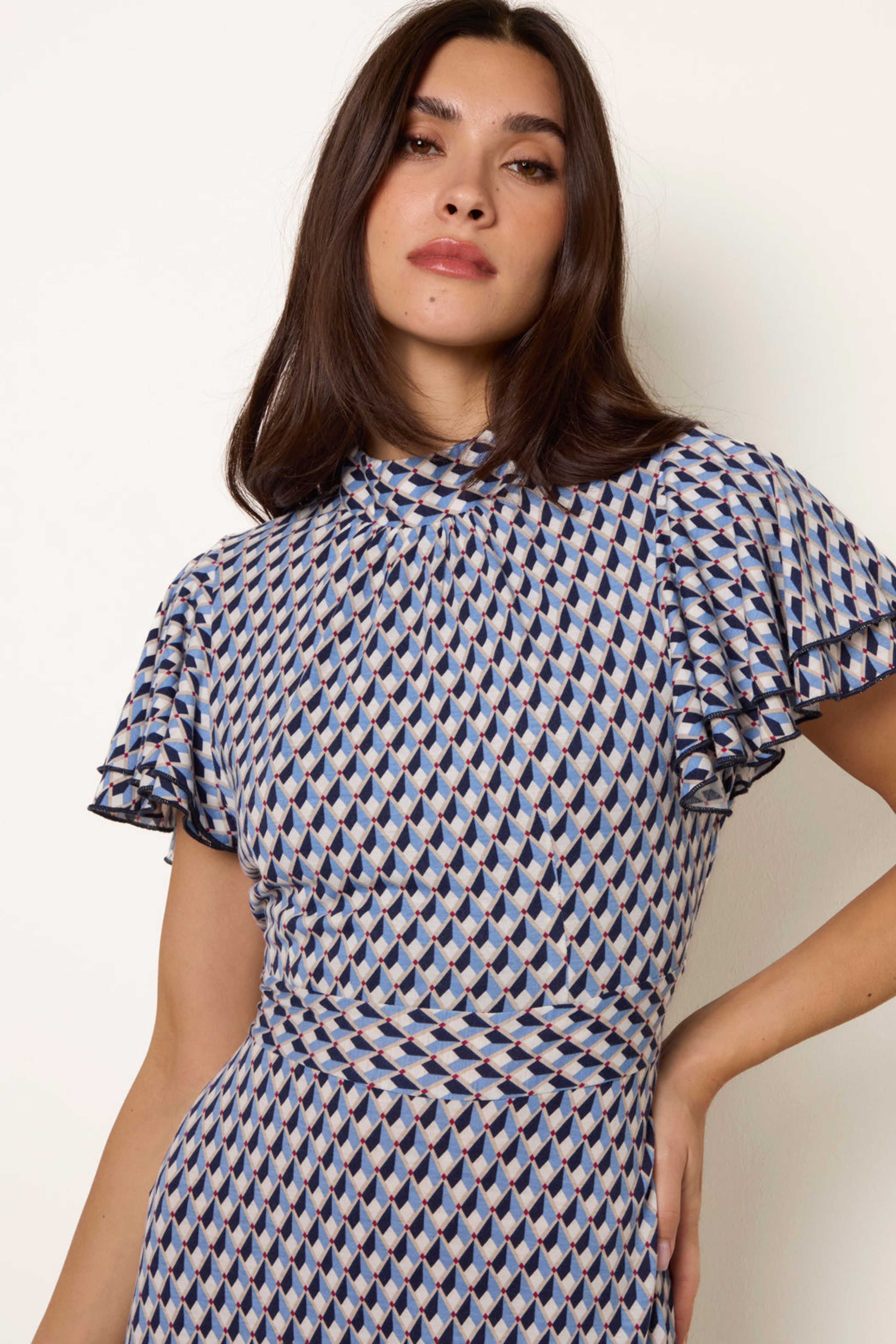 Blue Vanilla Multi High Neck Angel Sleeve Mini Dress