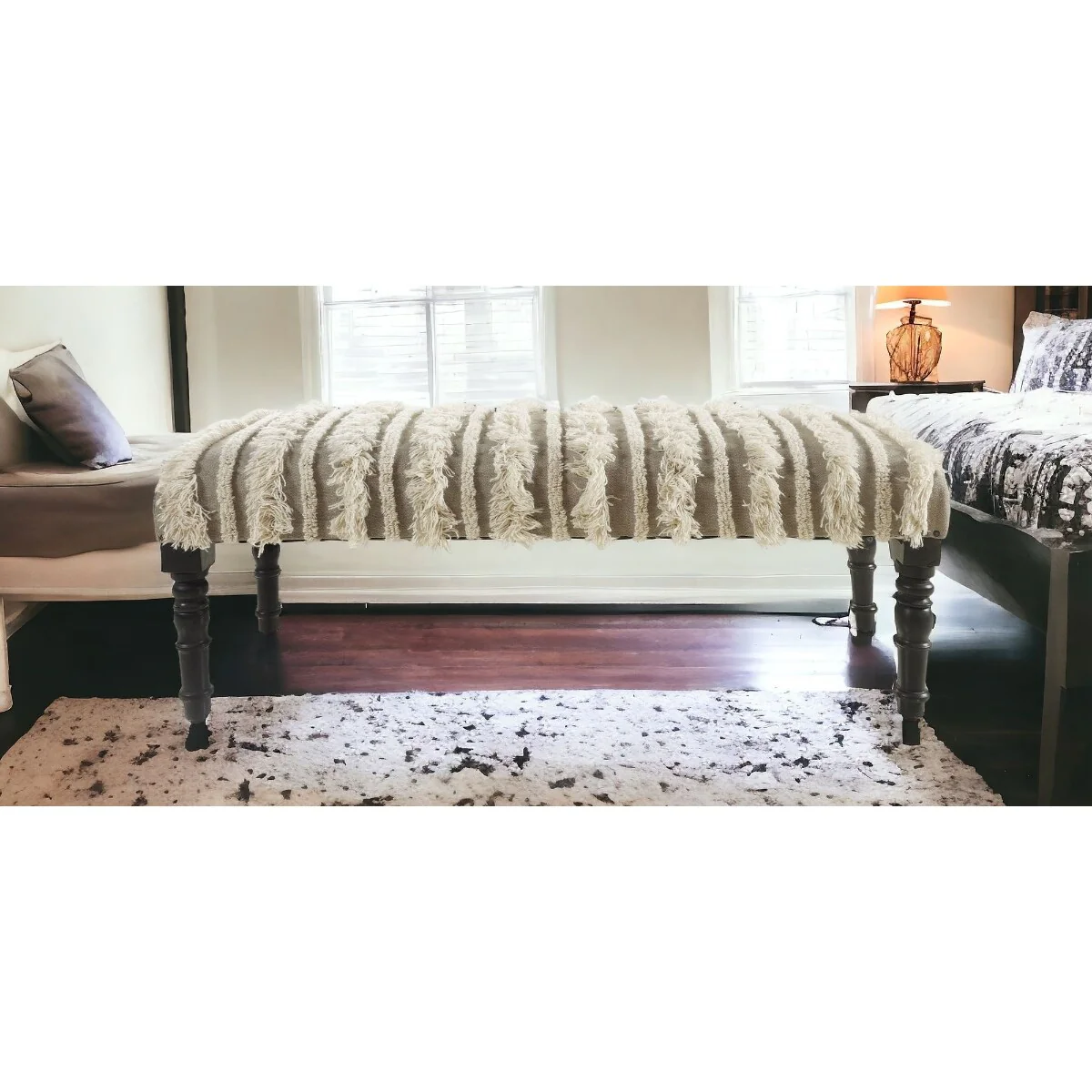 Wood Cream Cotton Upholstered Bedroom Bench Striped Pattern Nailhead Trim - 16” D X 47” W x 18” H