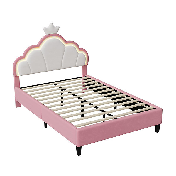 Lit Rembourré 90x200 Cm,lit De Princesse,avec Tête De Couronne Réglable Et Lumières LED,rose