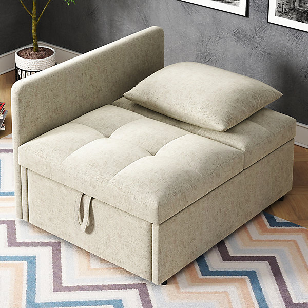 Lit 177x68x65 cm convertible 3-en-1 en tissu lin beige, dossier 5 positions, idéal pour petits espaces