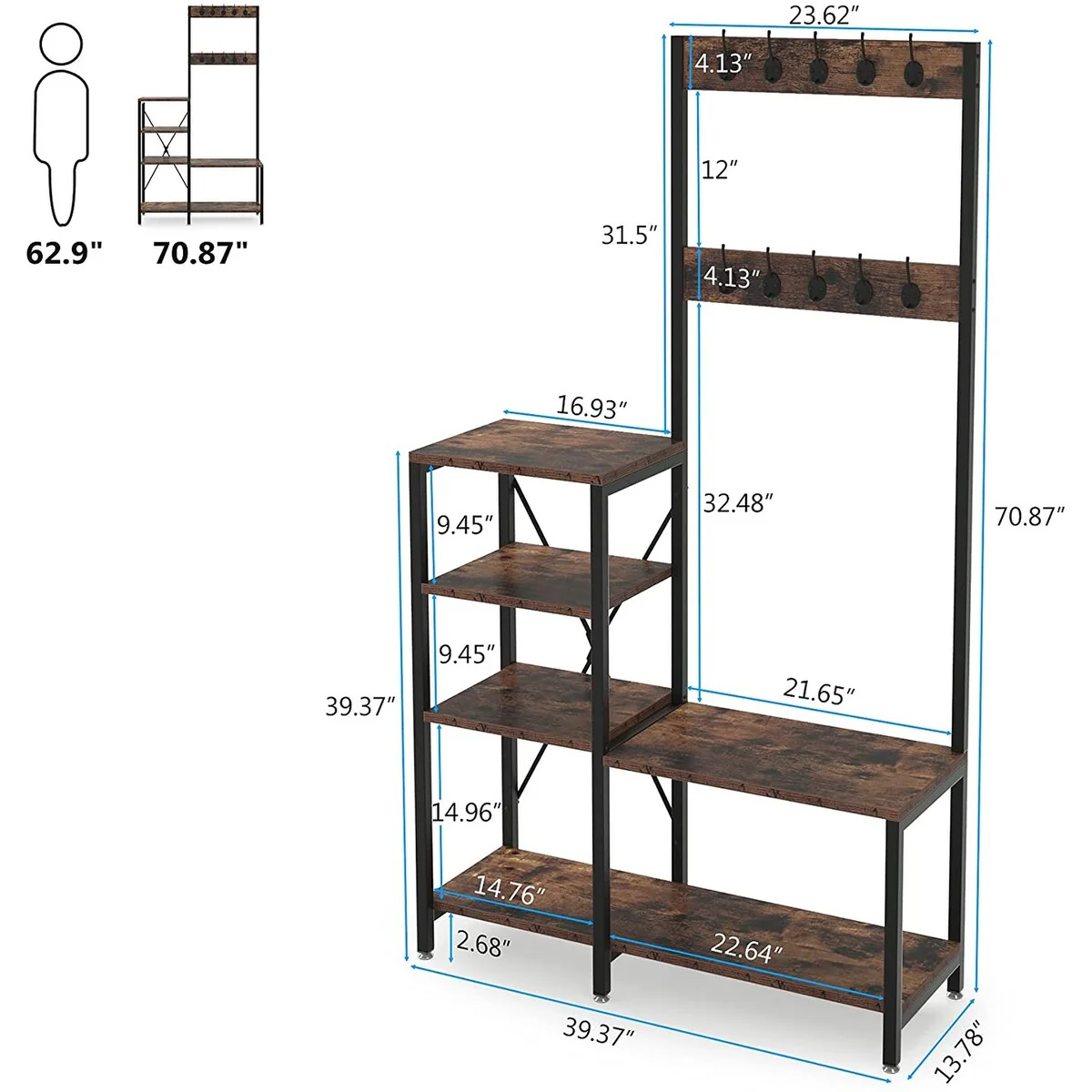 Entryway Bench Industrial 3-In 1 Hall Tree