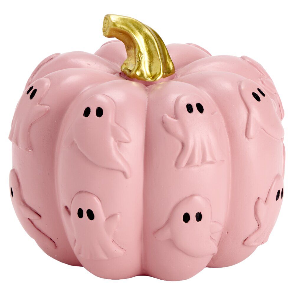 Décoration Halloween citrouille fantômes relief résine rose Ø16xH13,5cm