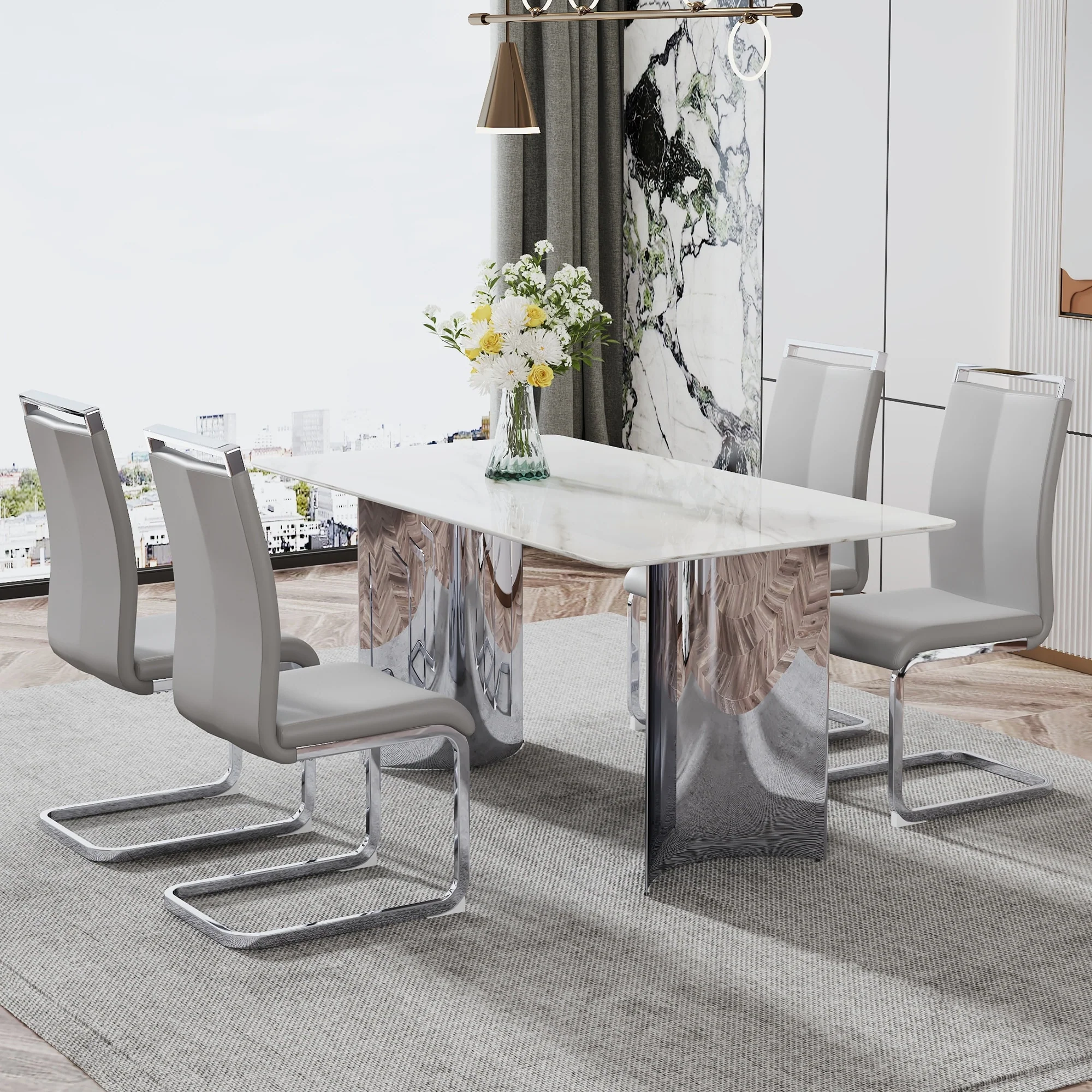 Modern Marble Pattern Glass Dining Table Set with Stainless Steel Legs and PU Upholstered Dining Chairs