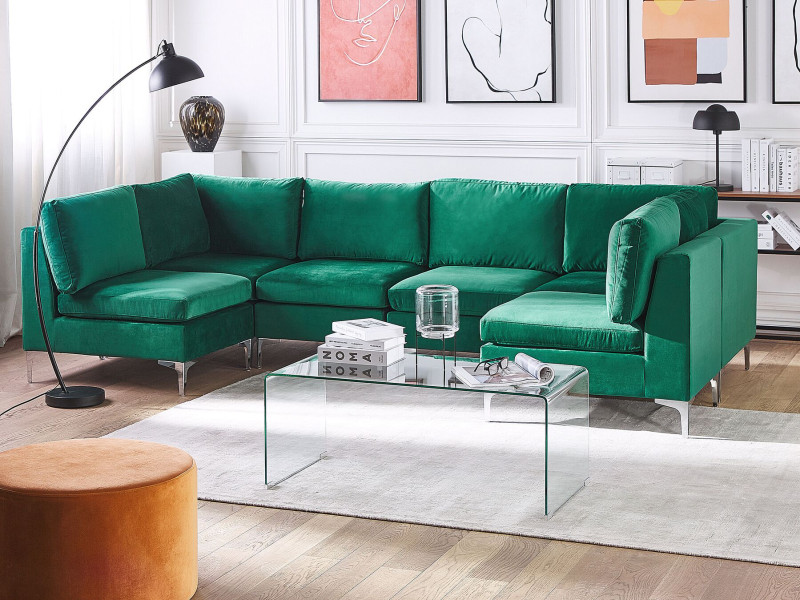 Sofa modułowa kształt U welurowa zielona