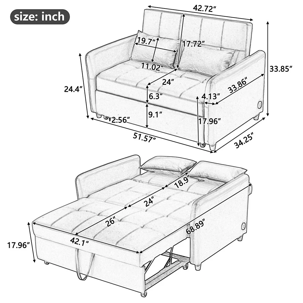 51.57 Space-Saving Sleeper Chair, Convertible Bed with 3 USB Ports