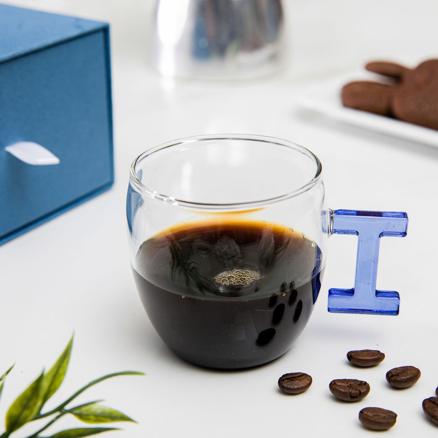 Tazzina caffè lettera I azzurra in vetro borosilicato, 150 ml