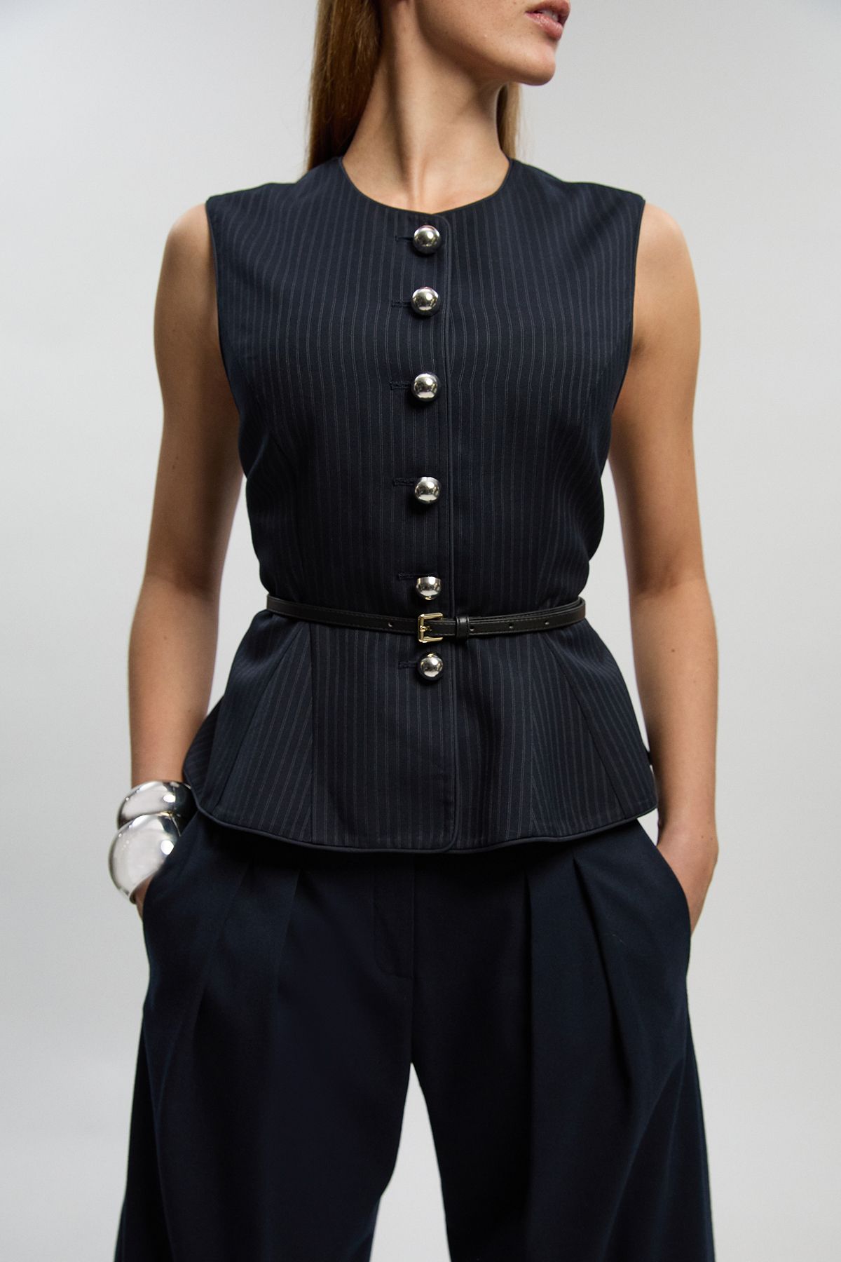 KarenMillen Tailored Pinstripe Belted Peplum Jacket
