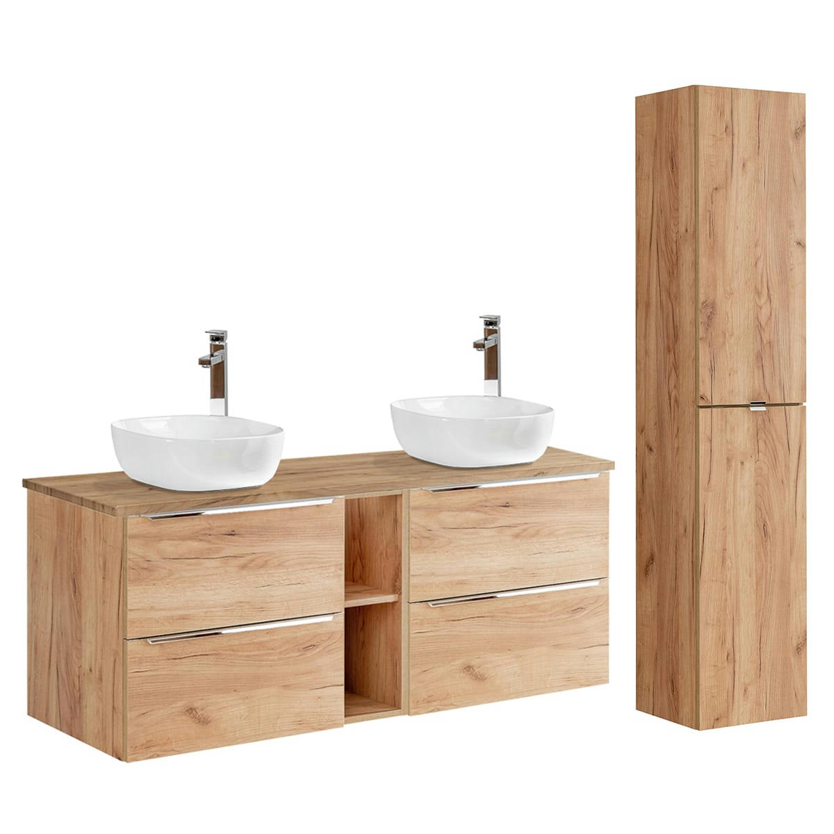 - Ensemble meuble double vasque 140cm et colonne stratifiés naturel