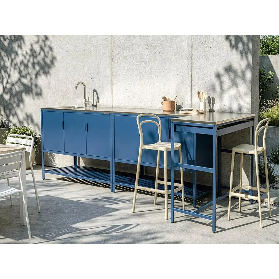 MAENZA - Tuinkeukenset 3-delig met spoelbak - Blauw - Staal