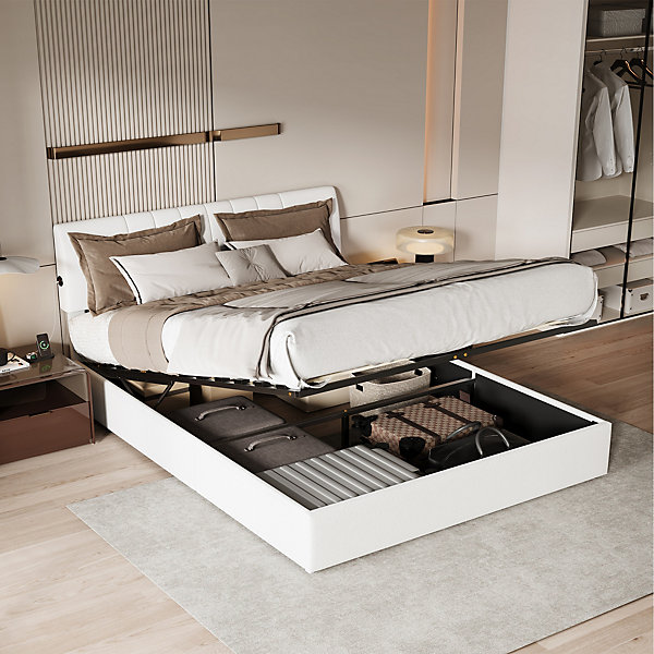 Lit coffre 140x190cm avec compartiments de rangement et prise électrique ,tête de lit réglable
