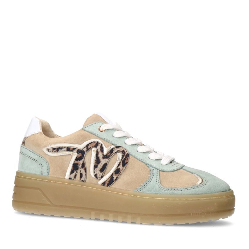Manfield Beige suède sneakers met mint groene details