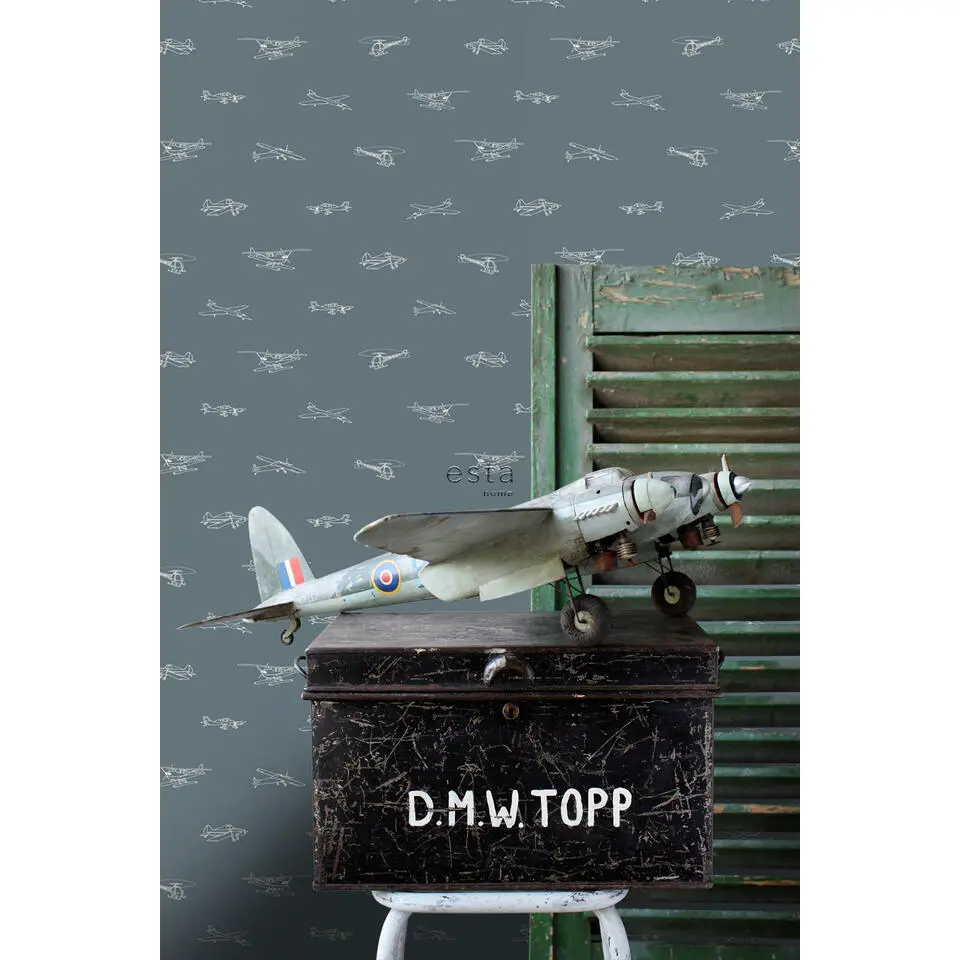 ESTAhome behang helikopters en vliegtuigen vergrijsd blauw - 53 cm x 10.05 m