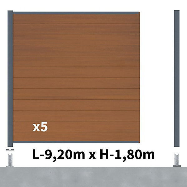 Kit Clôture Composite CRUZ Teck 9x1,8m - Bois composite &Aluminium - Poteaux sur Platines Gris - Brise vue - Palissade