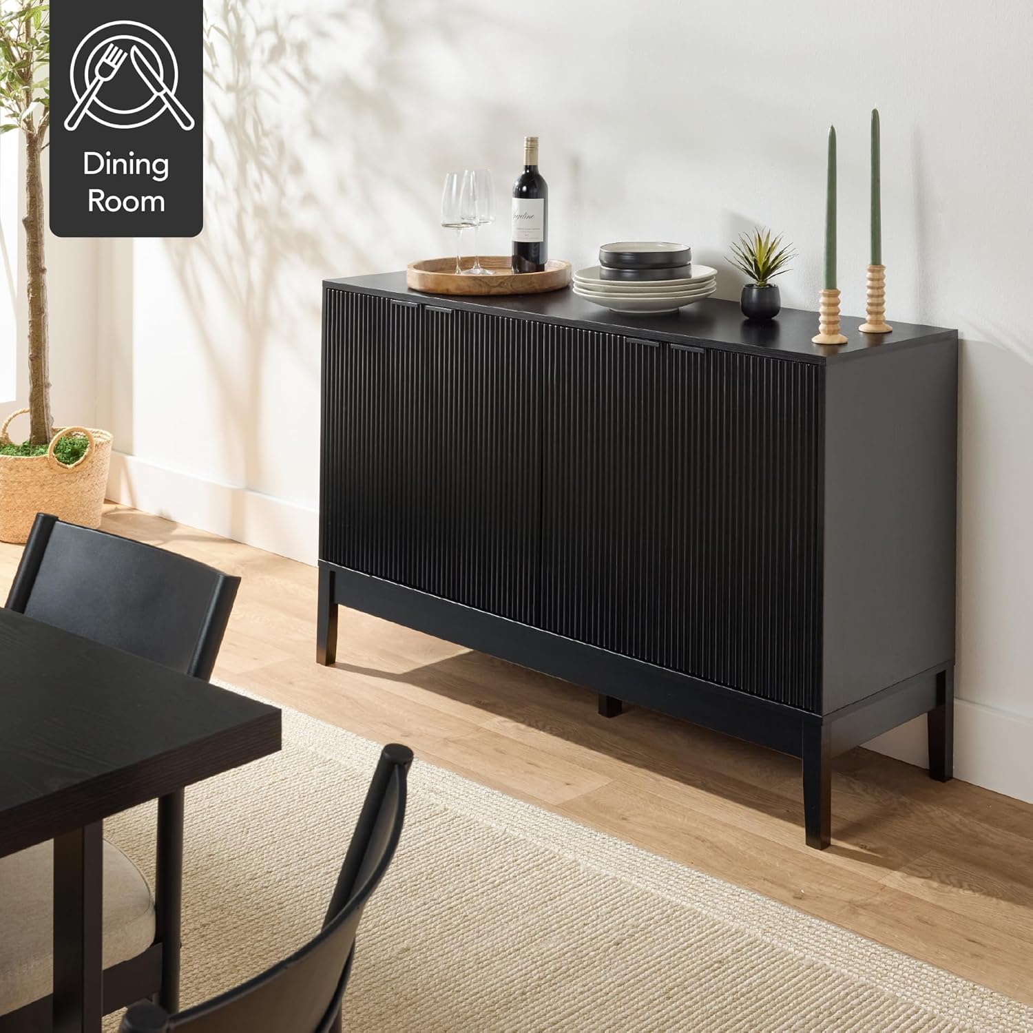 Best Choice Products 55 Modern 4-Door Sideboard Storage Cabinet, Buffet, Media Cabinet, Cupboard, Entryway Accent Table, Bookcase w/Reed Panels and Adjustable Shelves - Black