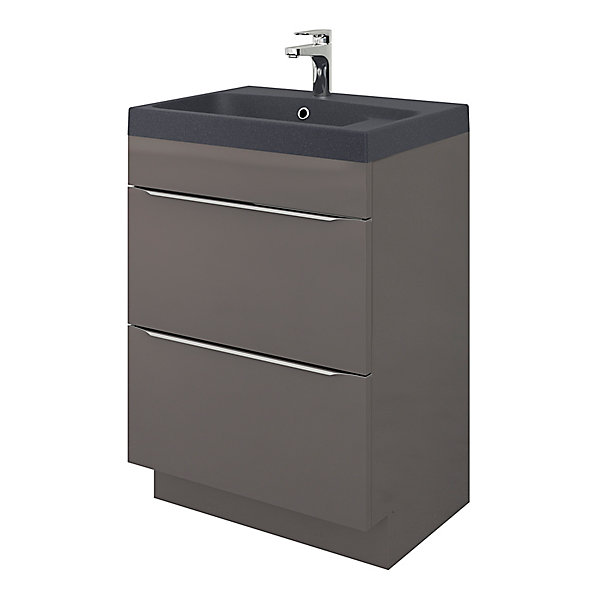 Meuble vasque à poser gris l.60 cm Imandra   plan vasque noir résine Mila, GoodHome