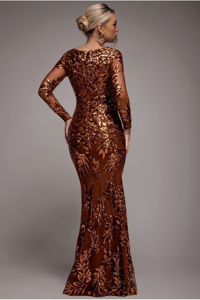 Goddiva Sequin Leaf Long Sleeve Maxi Dress