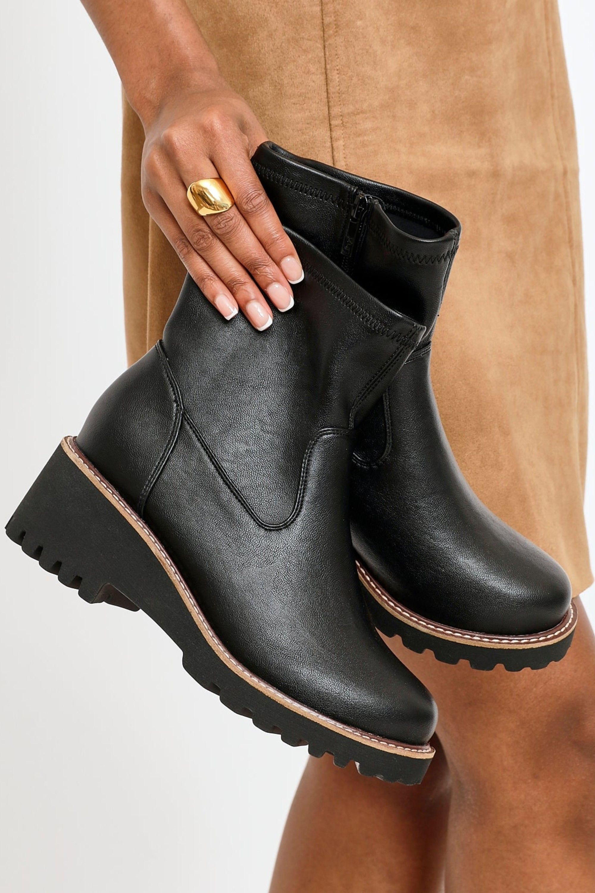 Linzi Pulse Wide Fit Black Faux Leather Wedged Heel Ankle Boot