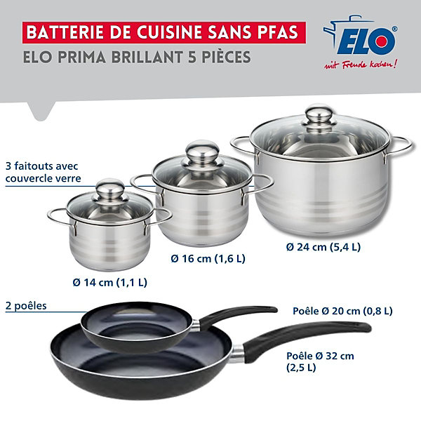 Ensemble de 2 Poêles de cuisson 20 et 32 cm et 3 faitouts 14, 16 et 24 cm Elo Prima Brillant