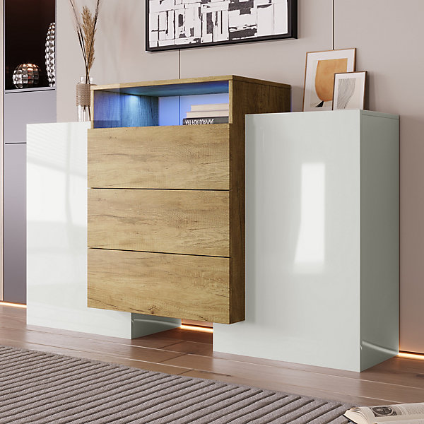 Buffet moderne 140 cm, commode en blanc brillant et bois, effets lumineux LED multicolores, solution de rangement élégante