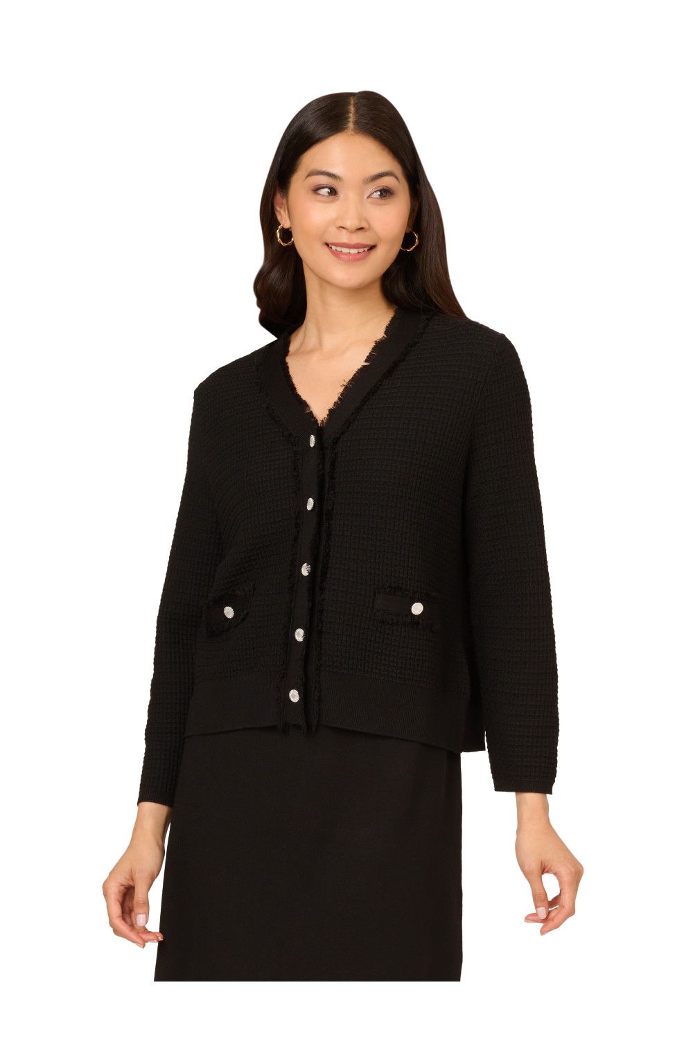 Adrianna Papell Knit Frayed Waffle Crop Cardigan Sweater