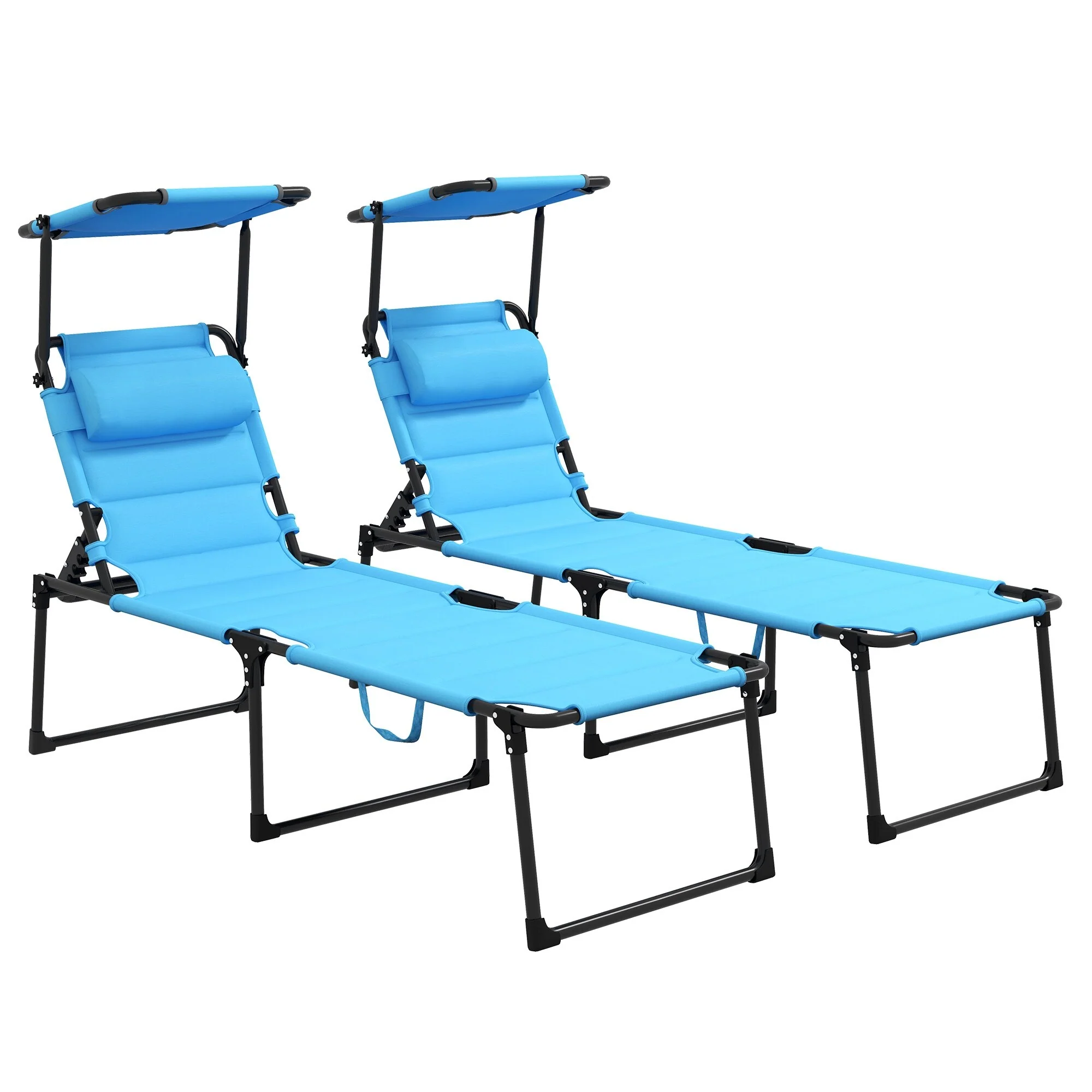 2 Pcs Tri-fold Foldable Lounge Tanning Chair with Awning & Pillow Headrest, Outdoor Lounge Chair with 4-Level Adjustable