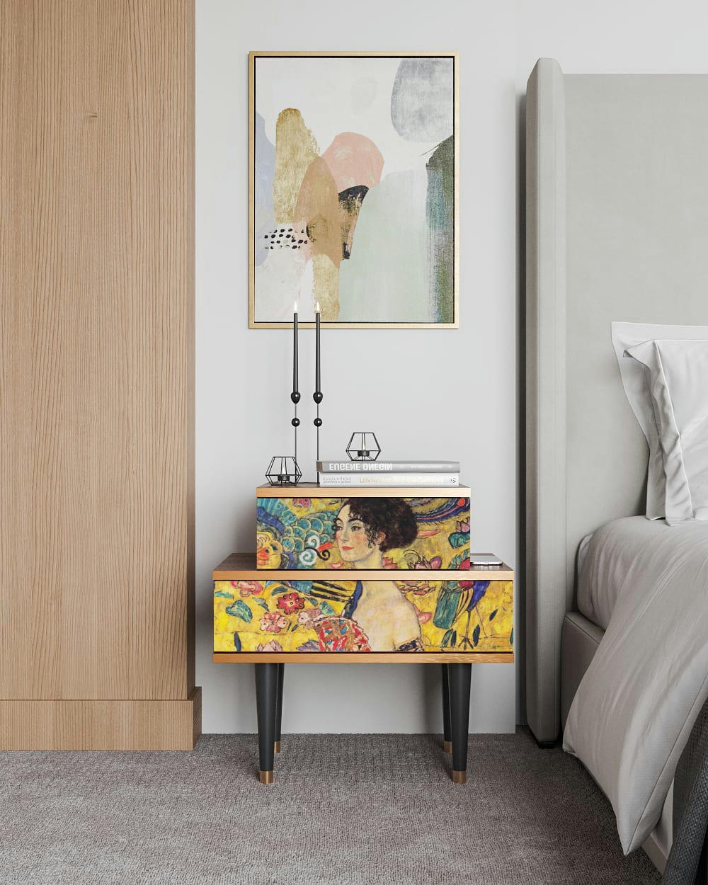 LADY WITH FAN BY GUSTAV KLIMT - Table de chevet jaune 2 tiroirs L 58 cm