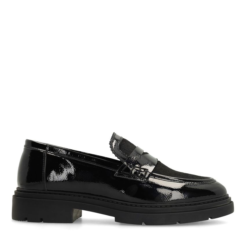 Manfield Zwarte lakleren loafers met ponyhair