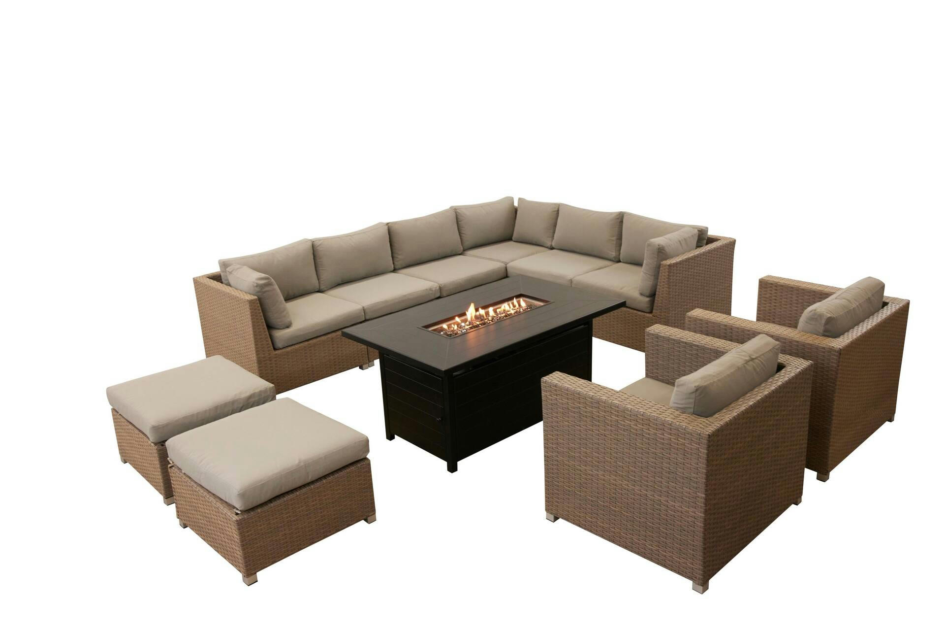 TCG Chambers Aluminum Frame Outdoor Conversation Set with Fire Table & Tan Cushions, Multiple Colours, 11-pc