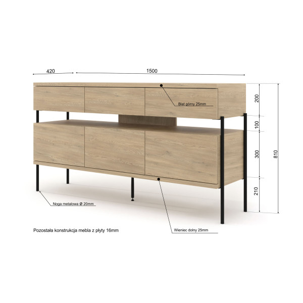 Komoda DRAGONFLY 150 cm 3D3S dąb cremona czarne metalowe nóżki