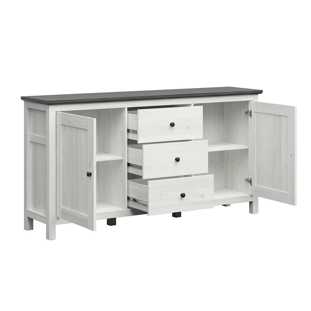 - Buffet 2 portes 3 tiroirs blanc et naturel foncé