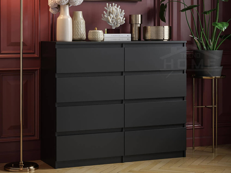 Komoda Pojemna Czarna Pari 8 Szuflad Czarny Mat 120 CM