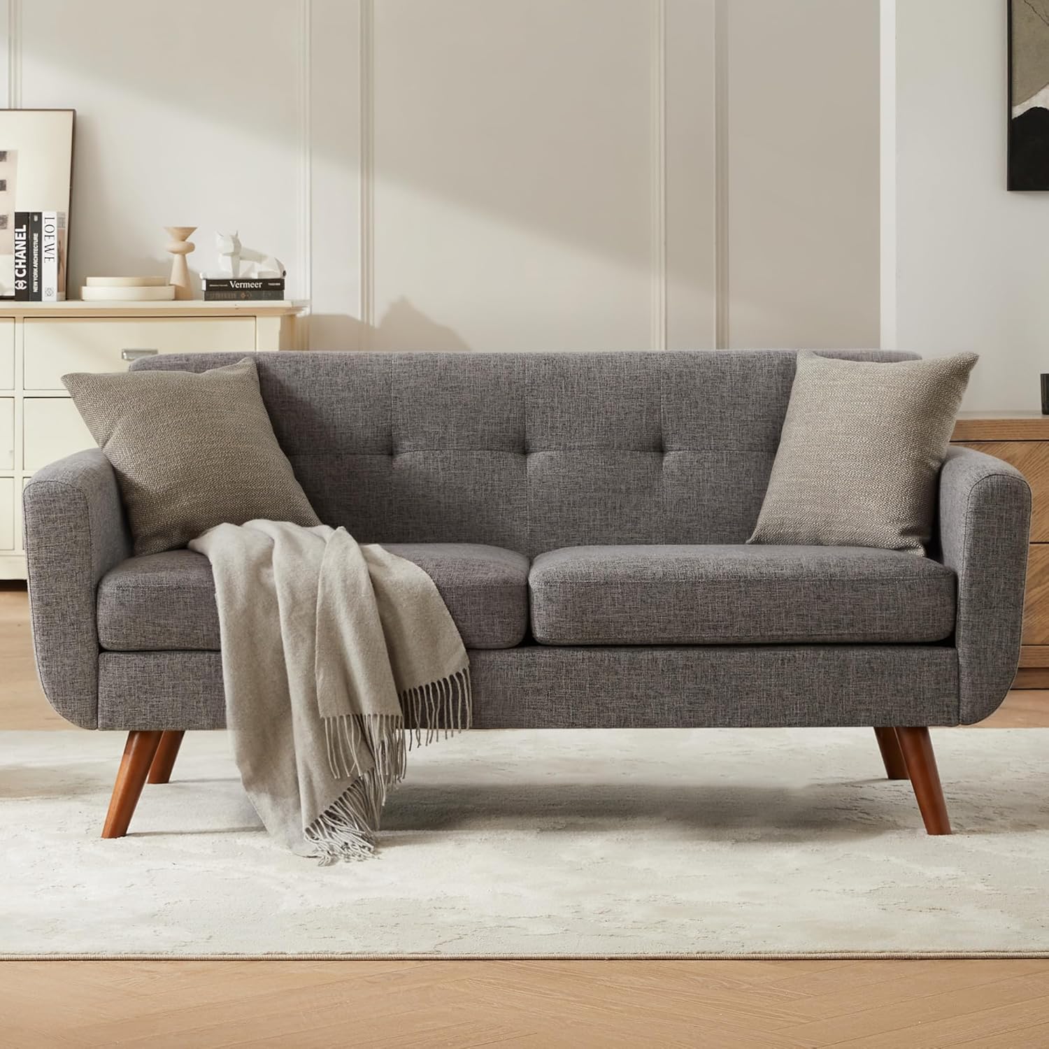 Tbfit 65 W Loveseat Sofa, Mid Century Modern Love Seat Couches for Living Room, Button Tufted Upholstered Small Couch for Bedroom, Solid and Easy to Install Love Seats Furniture, Grey | linen fabric, button tufted, solid wood foot, pocket spring, wo