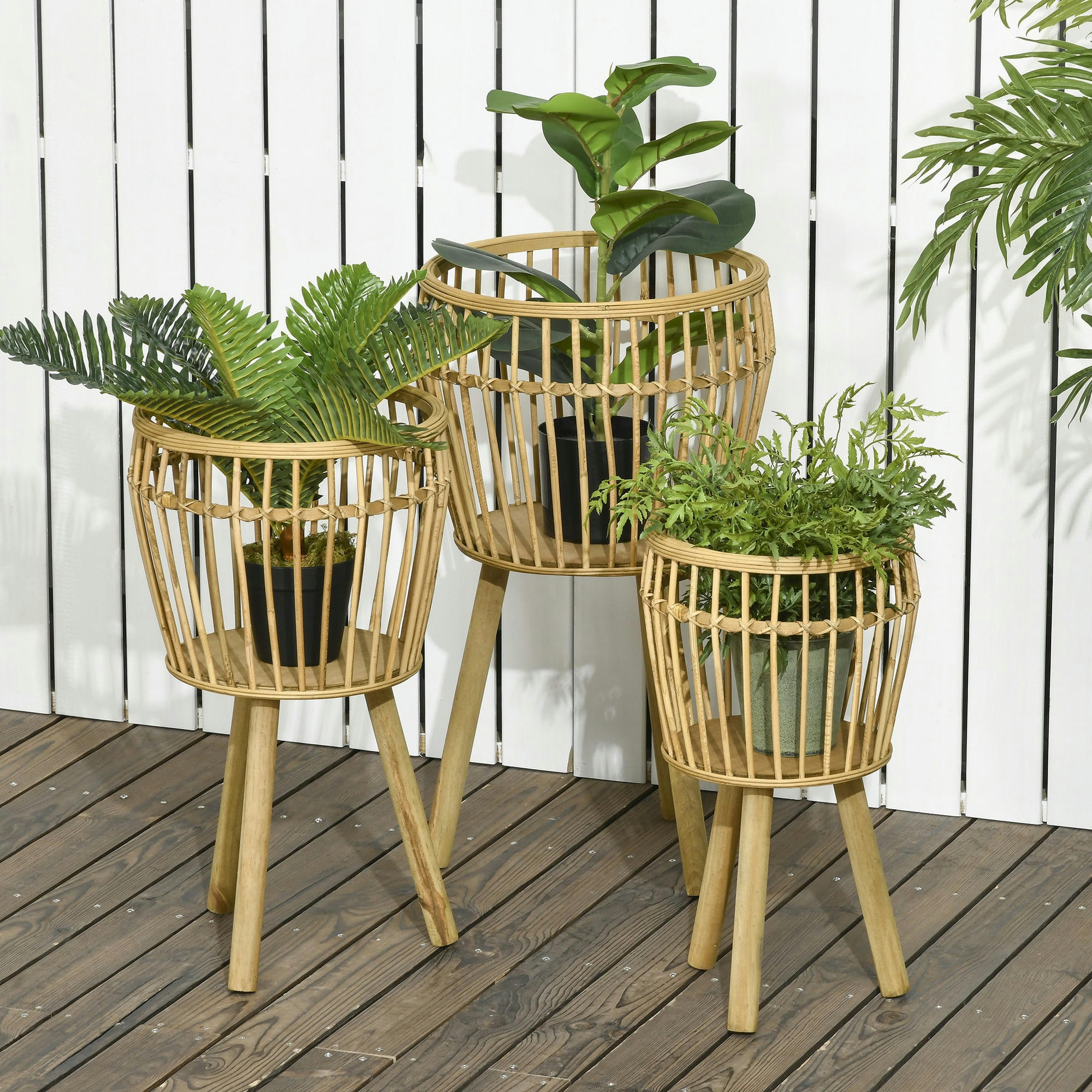 - Lot de 3 supports à plantes trépied sapin rotin tressé