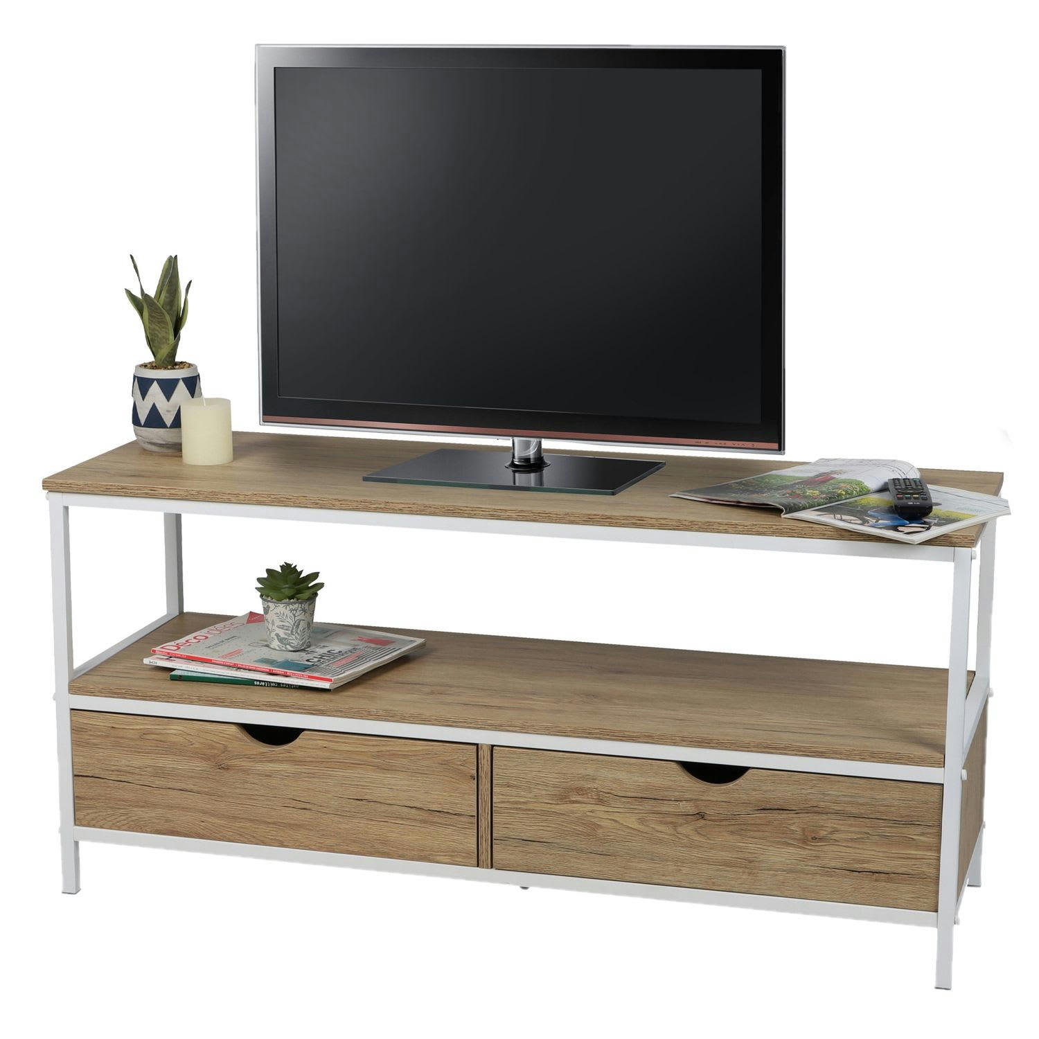 CASA BLANCA - Meuble tv en panneaux de particules et métal 2 tiroirs beige