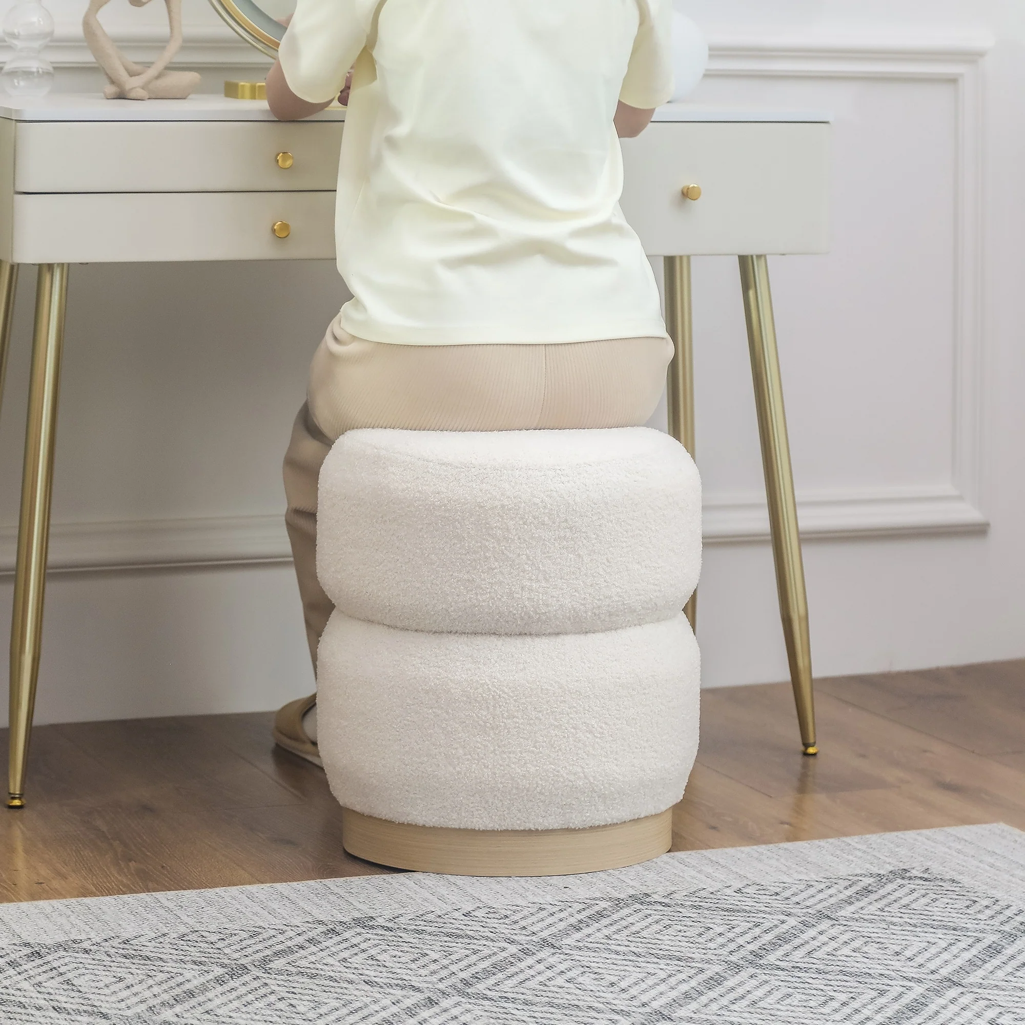 Adeco Teddy Round Upholstered Ottoman Stool