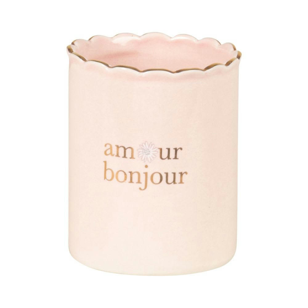 - Pot à crayons en porcelaine rose avec liseré doré et gravé amour