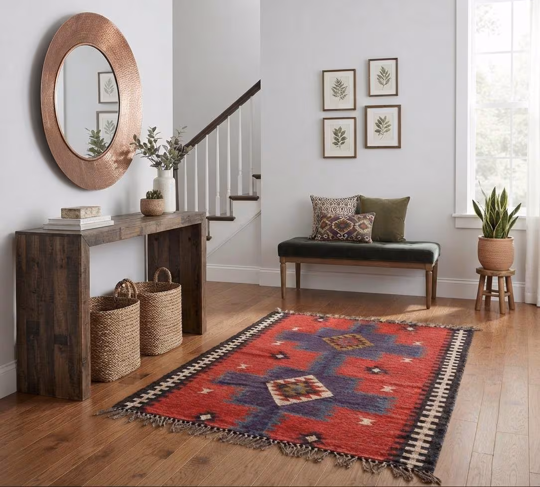 Handwoven Wool Jute Rug, Blue Red Geometric Kilim, Boho Runner Style, Modern Kilim Rug, Navajo Rug, Large Area Kilim Rug, Custom Size Rug