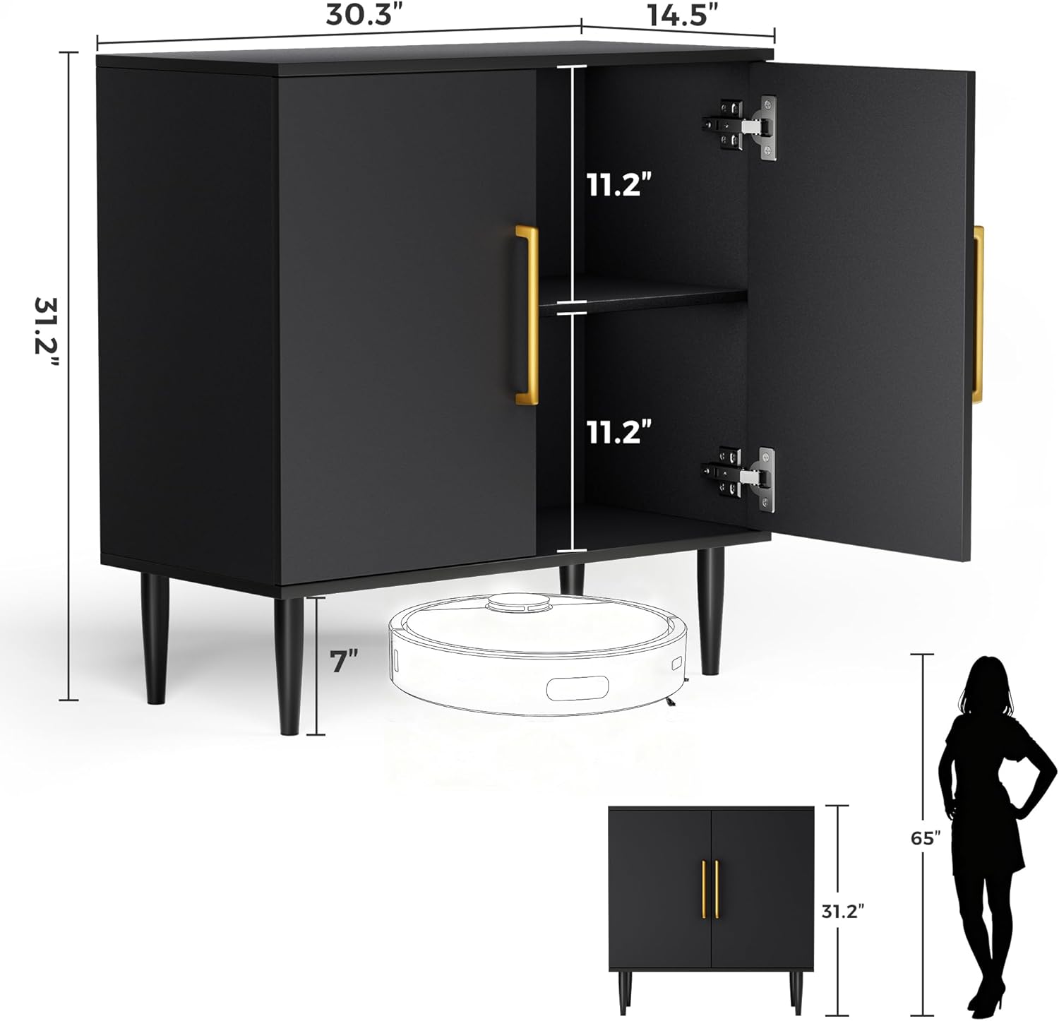 Vrullu Modern Storage Cabinet, Free Standing Buffet Cabinet, Black Sideboard and Buffet Storage, Wood Accent Furniture for Living Room, Hallway, Entryway, Dining Room (1, Black) | Modern, Sideboard, Buffet Storage, with Doors, Accent Cabinet, 1