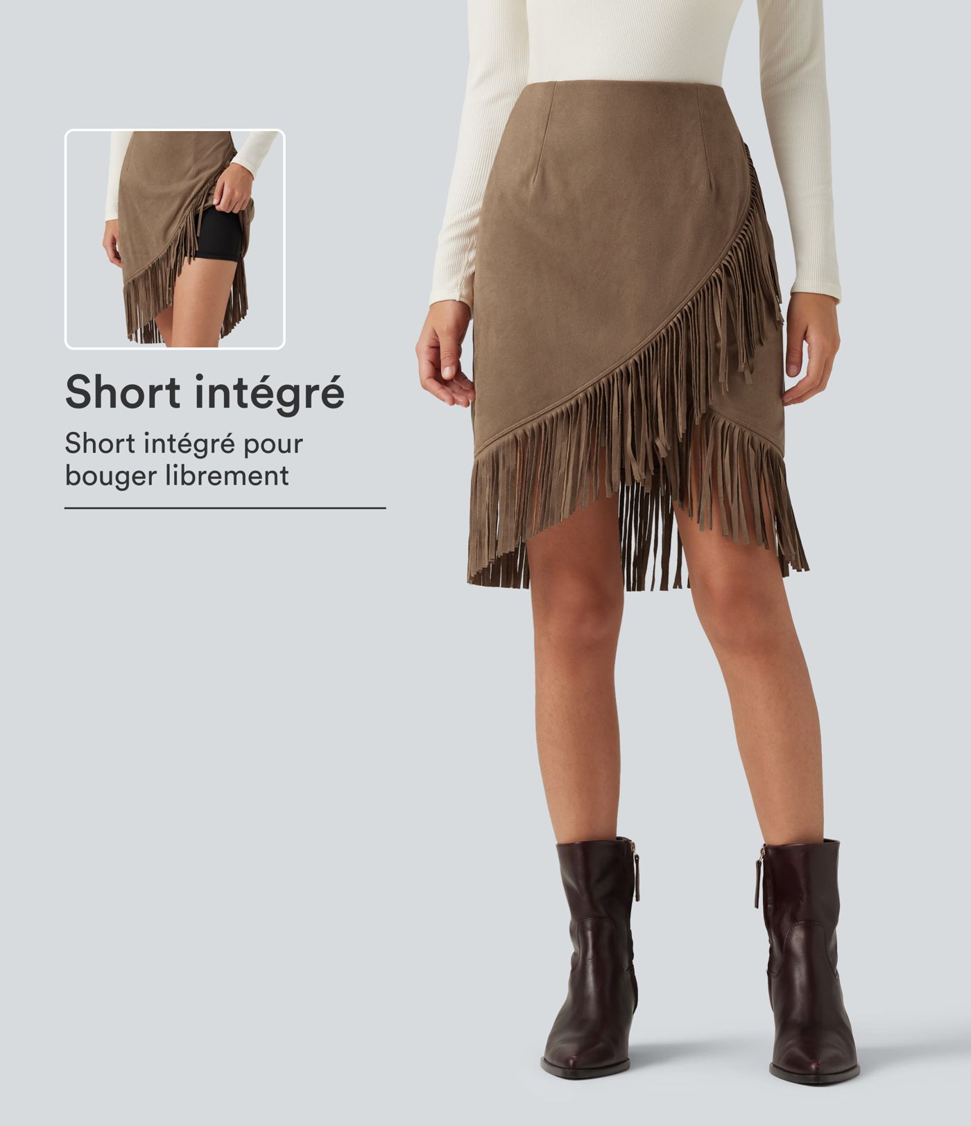 Jupe-short midi de soirée en suédine taille haute à franges