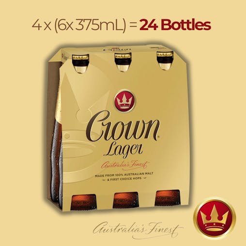 Crown Lager, Premium Lager Beer, Made from 100% Australian Malt, Crisp & Clean Finish, 4.9% ABV, 375mL (Case of 24 Bottles)