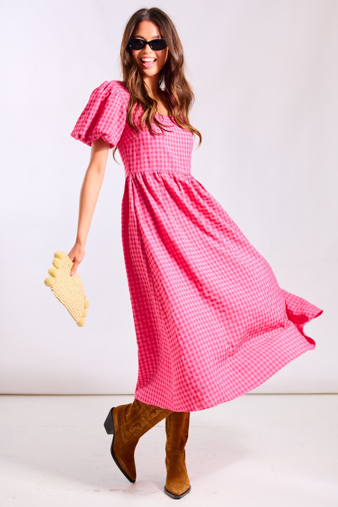 Needs No Label Pink Gingham Midi Dress