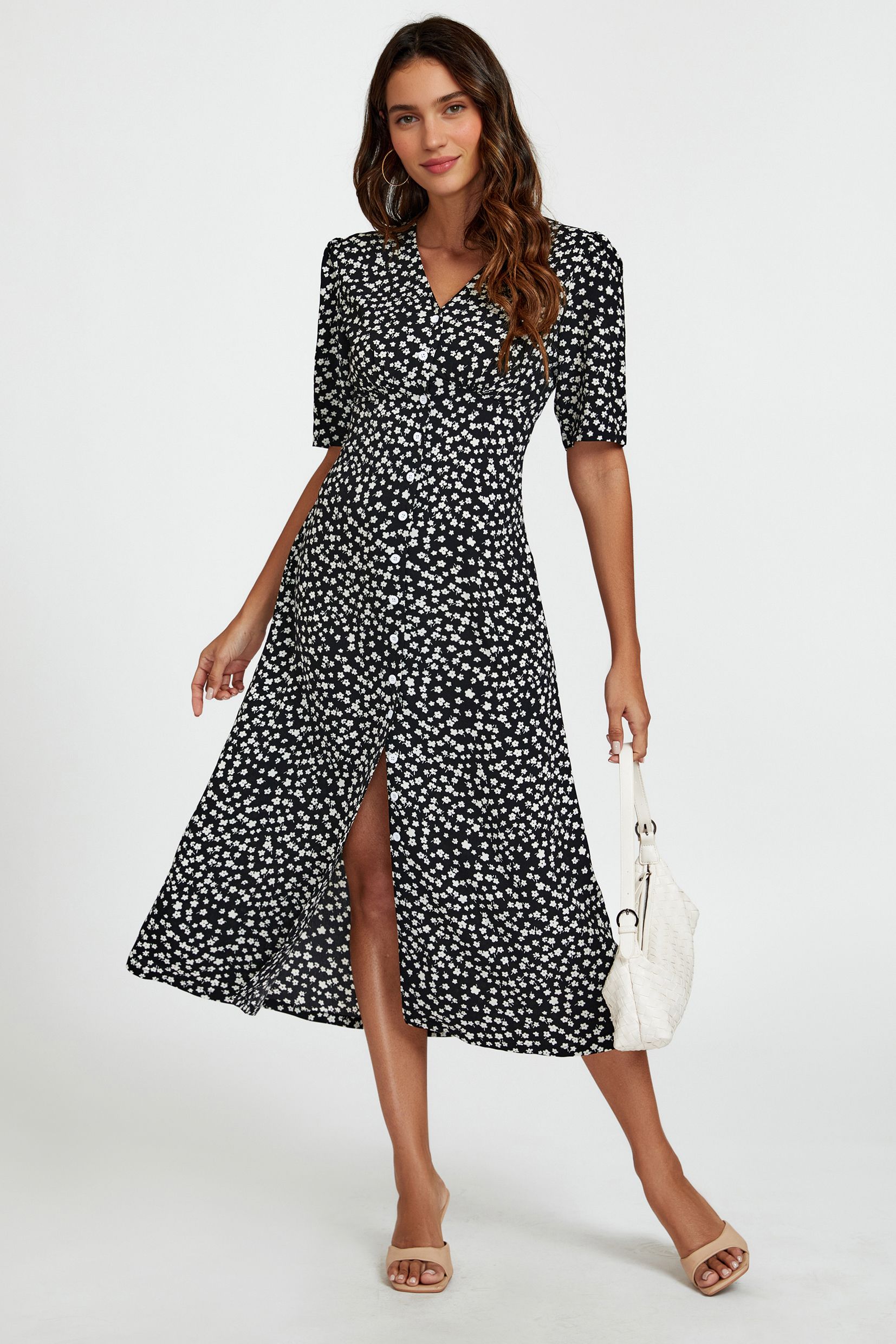 FS Collection Black Little Floral Print Midi Dress with Front Button Closure