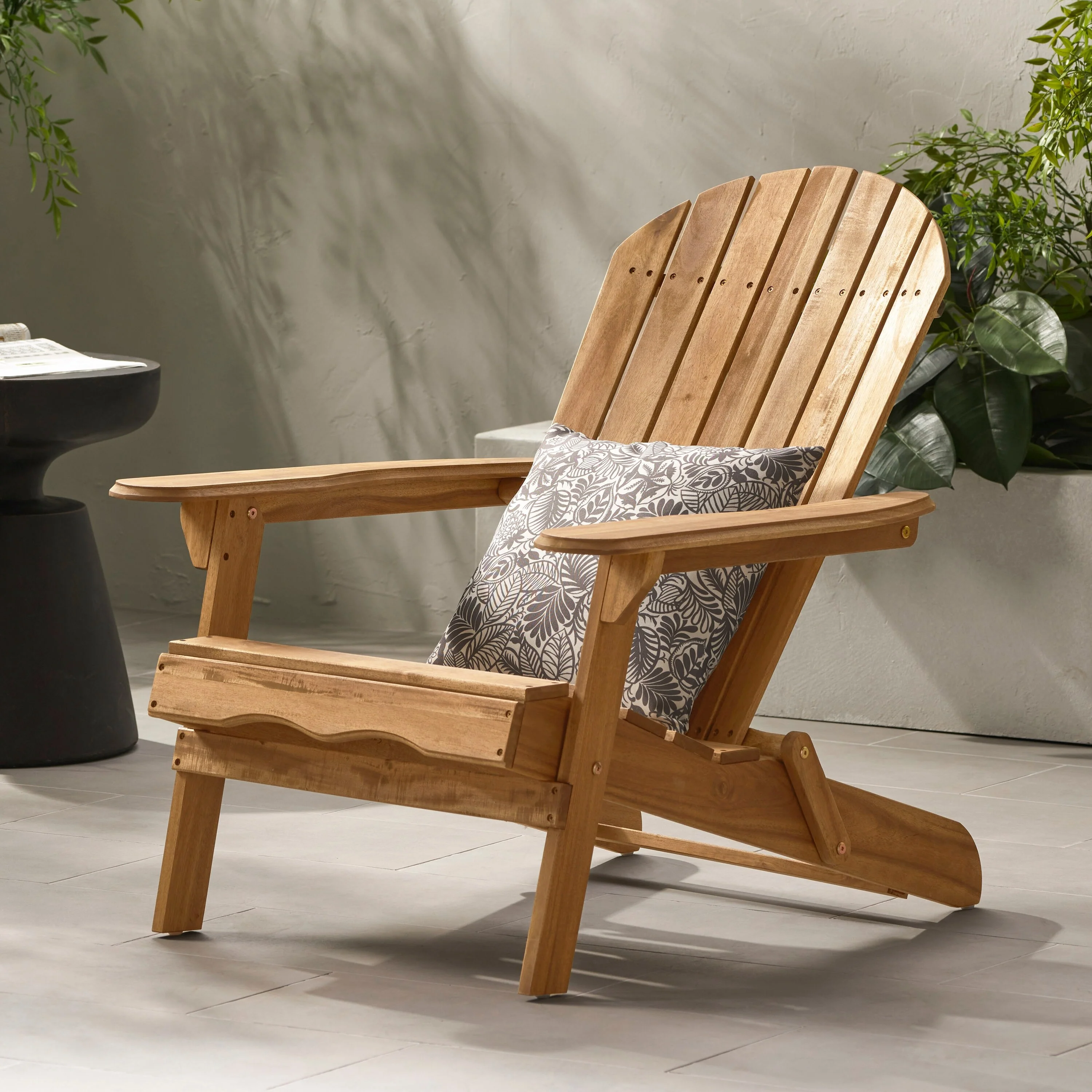 Roomfitters Foldable Wooden Adirondack Chair with Curved Backrest and Wide Armrests, Outdoor Lounge Seating