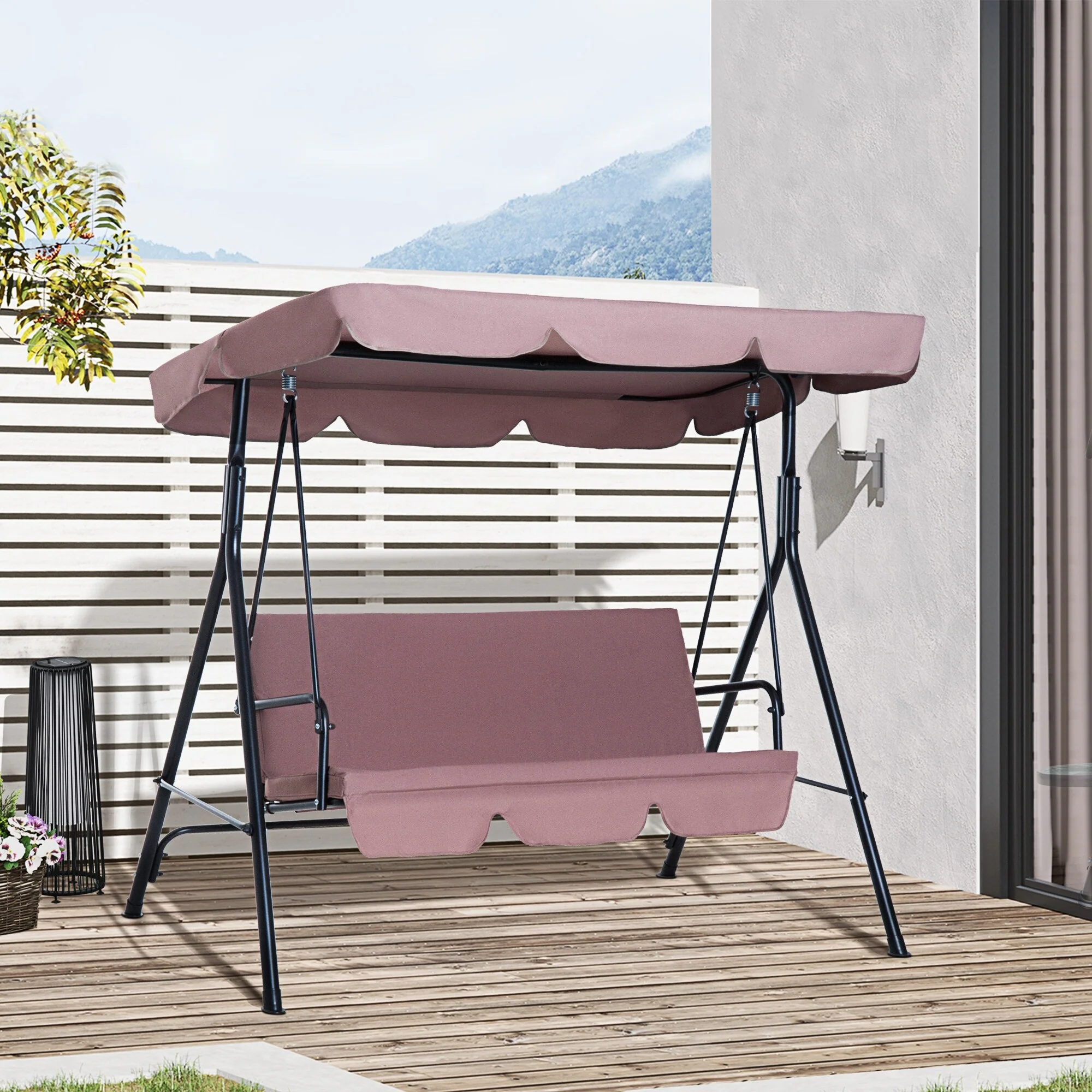 3-Seat Bench Swing Chair with Adjustable Tilt Canopy Steel Swing Hanging Chair Lounge Rocking Chair with Stand for Patio Porch