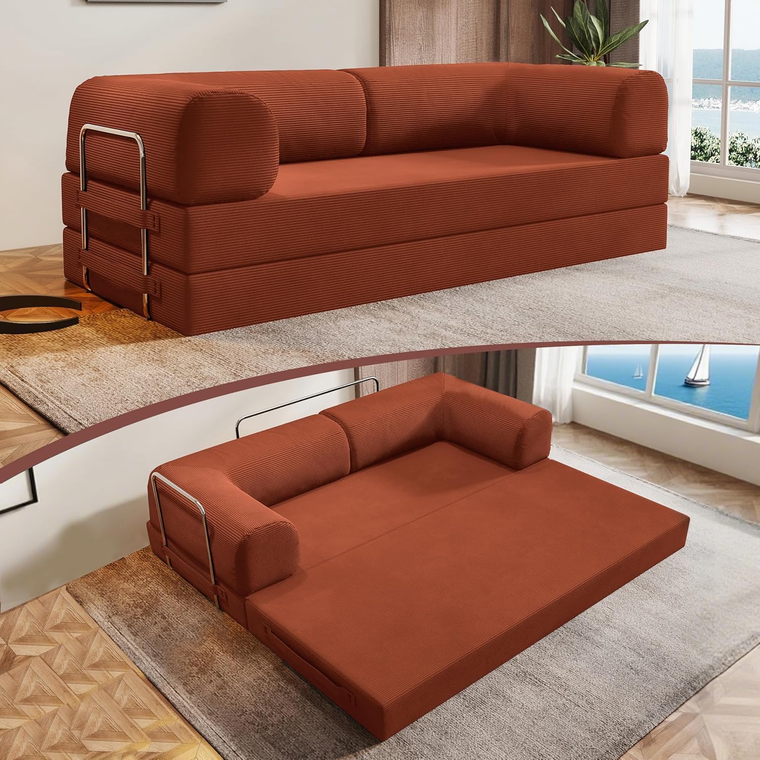 78.8 Folding Convertible Sofa Bed, 4-in-1 Floor Sofa Modular Futon Couch，Pull Out Couch Memory Foam King Size Sofa Bed，No Assembly Needed Boneless Couch for Living Room（Orange）